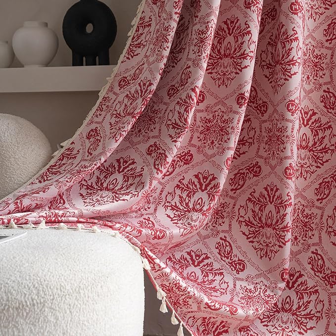 ENJOYBRIDAL Red Damask Curtains 84 Inches Living Room Bedroom Drapes 2 Panel Sets Vintage Semi Sheer Floor Length Window Curtains Dining Room Rod Pocket Jacquard Medallion Patterned Window Treatments