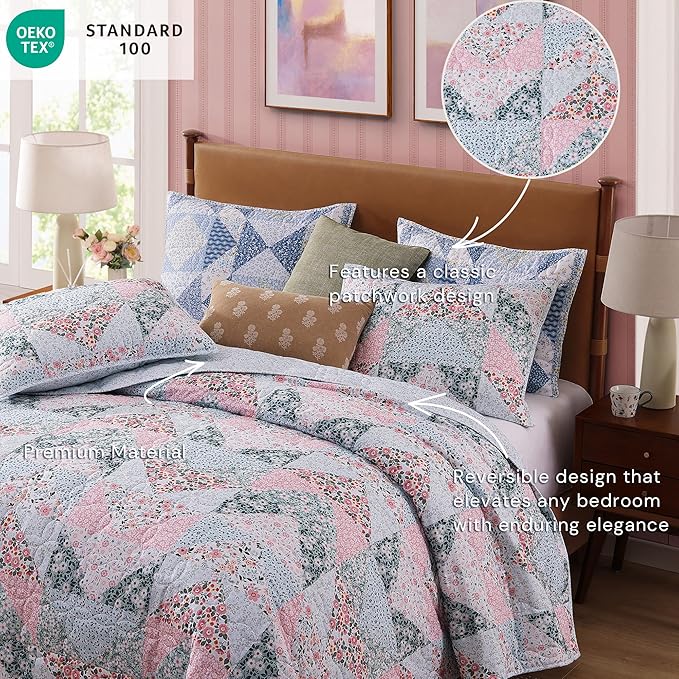 Quilt Set King Size, Patchwork Pink Floral Quilt Sets, Reversible Bedspread Lightweight and Breathable for All Seasons, Soft Quilted Bedspread with 2 Pillow Shams