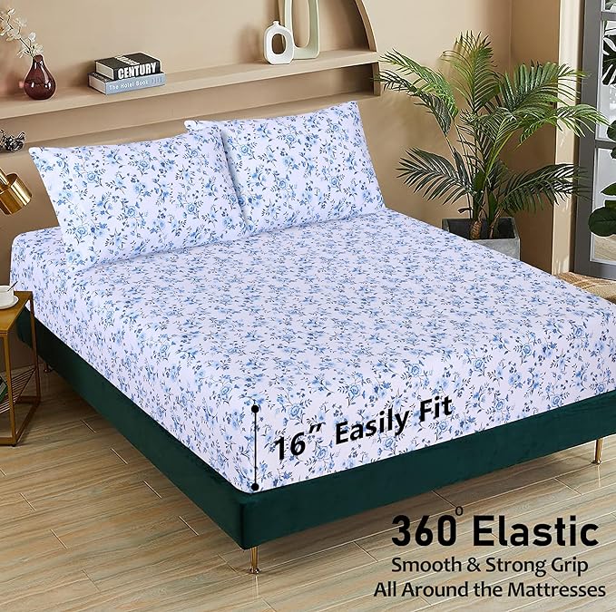 RUVANTI 100% Cotton Split King Sheets Sets for Adjustable Bed, 5 PCs, Soft & Breathable Percale Weave Bedding, Deep Pocket 16", Hotel Standard, Crisp Cool Feel & Durable, Floral Sheet, Annual