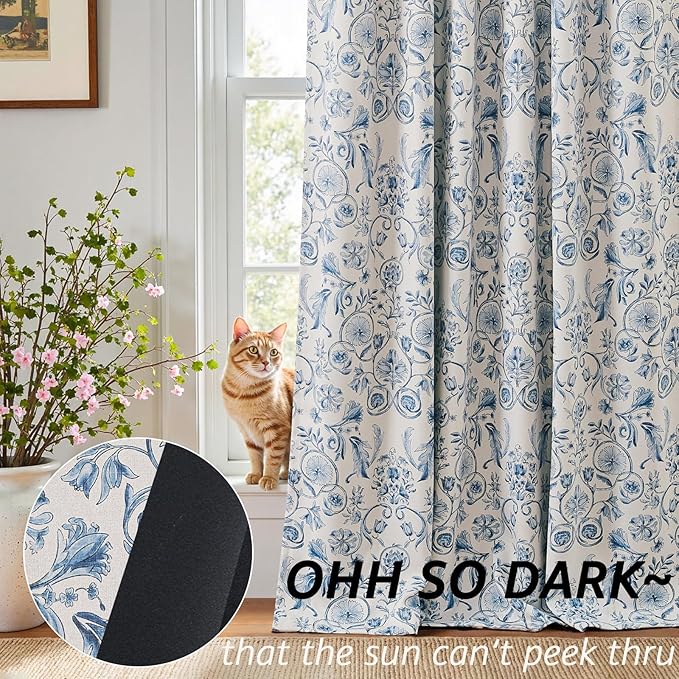 jinchan Floral Blackout Curtains for Bedroom Living Room 84 Inches Length Farmhouse Curtains Room Darkening Vintage Drapes Traditional Rod Pocket Window Treatment 2 Panels Set Blue on Beige