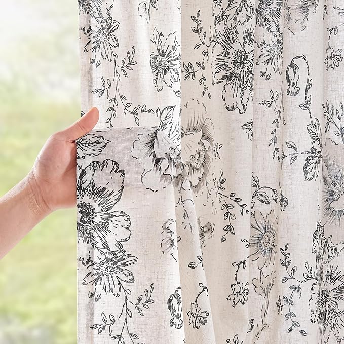 jinchan Linen Blend Curtain Floral Curtains Extra Wide for Living Room 84 Inch Length Black Printed Curtain Back Tab Farmhouse Peony Flower Patterned Drapes Bedroom Window Curtains Set 2 Panels