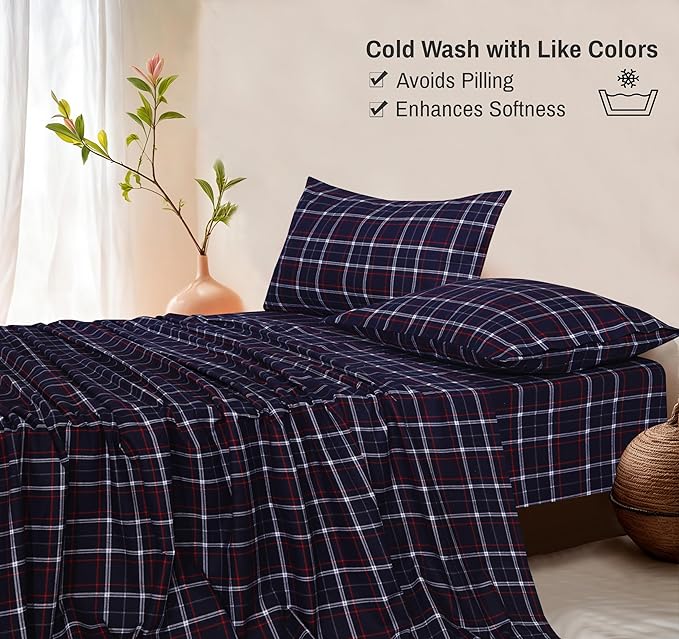 RUVANTI Flannel Sheets Full Size - 100% Cotton Double Brushed Bed Sheets Set, Deep Pockets 16 Inches, All Seasons Breathable & Extra Soft Full Sheets, Warm & Cozy, 4 Piece, Yankees Blue