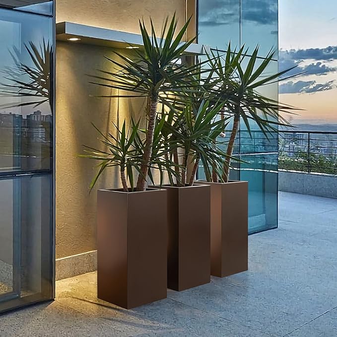Wallowa Large Planter for Outdoor Plant 14Lx14Wx30H Inches Metallic Heavy Tall Planter Box for Outdoor & Indoor, Rectangular Flowerpot 25Lbs/PC, Espresso, No Assembly and Seamless, Set of 2