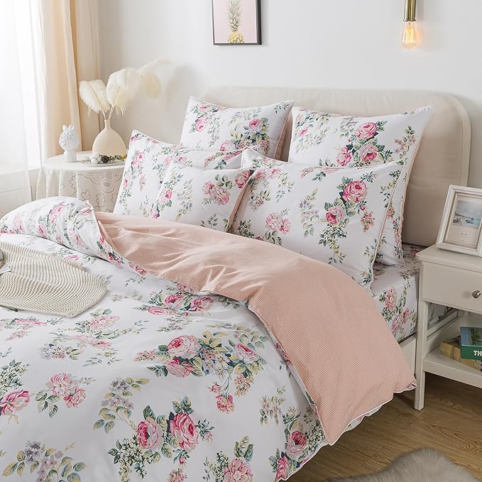 FADFAY Duvet Cover Set Twin Pink Rose Floral Bedding Shabby Peony Flower Quilt Cover Set Vintage Farmhouse Bedding 100% Cotton Soft Comforter Cover Set with Hidden Zipper Closure 3Pcs, Twin Size