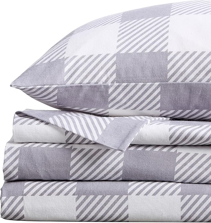 Market & Place 100% Turkish Cotton Flannel Sheet Set | 4 Piece Deep Pocket Novelty Cozy Winter Bed Sheets | Double Brushed for Extra Softness & Comfort | Alpine Collection (Full, Buffalo Check Grey)