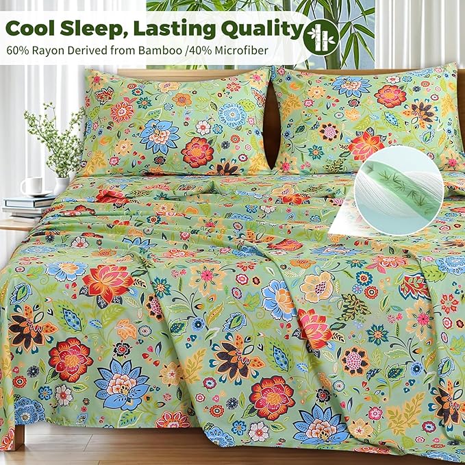 Bedlifes Extra Deep Pocket 18-24" Queen 4-Piece Sheet Set - Cooling Sheets Blend Rayon Derived from Bamboo Soft & Breathable Floral Sage Green