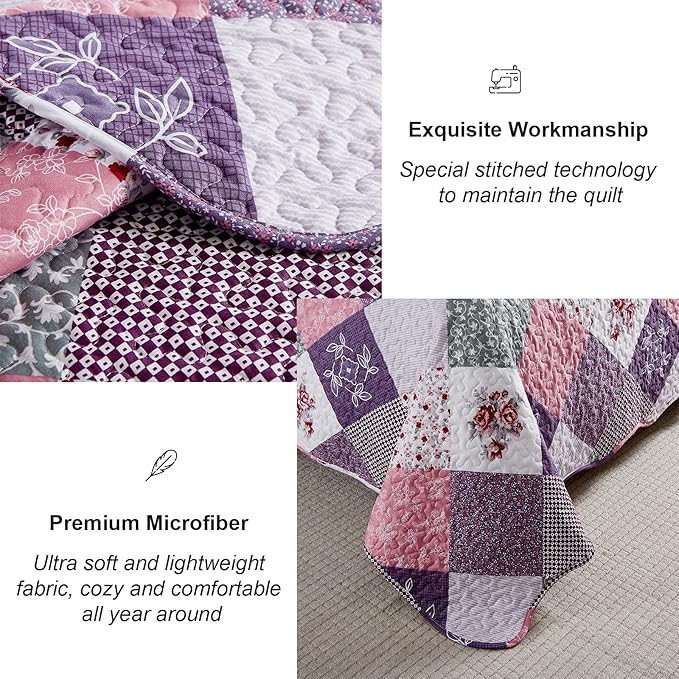 Dinjoy Purple Quilt Set Twin Size, Reversible Floral Plaid Patchwork Pattern Bedding Set Soft Microfiber Lightweight Bedspread 3 Piece Spring Summer Fall Use (68x86 inches)
