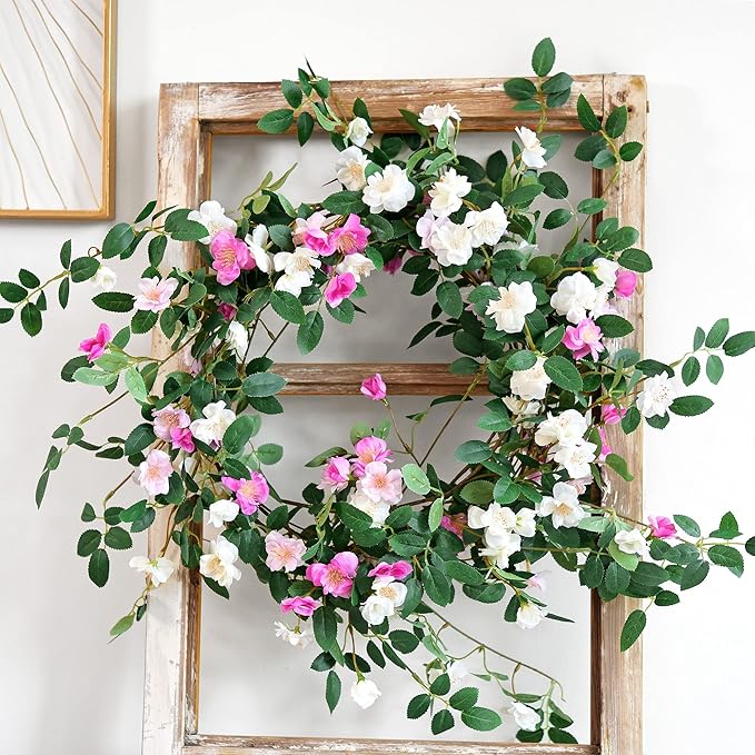 FiveSeasonStuff Bendable Shabby Chic White Flower Garlands, Artificial Silk Wild Roses Vine Leaves Hanging Flowers for Wall Decoration Basket Trellis Wedding Home 2 Pack 12 ft