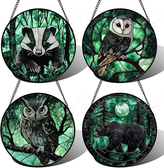 Stained Glass Window Hanging 4 Pcs Set Green Forest Night Sky Wildlife 7.8" - Suncatcher Door Garden Sun Catcher Decor Birthday for Mom Woman Nana Men Friend