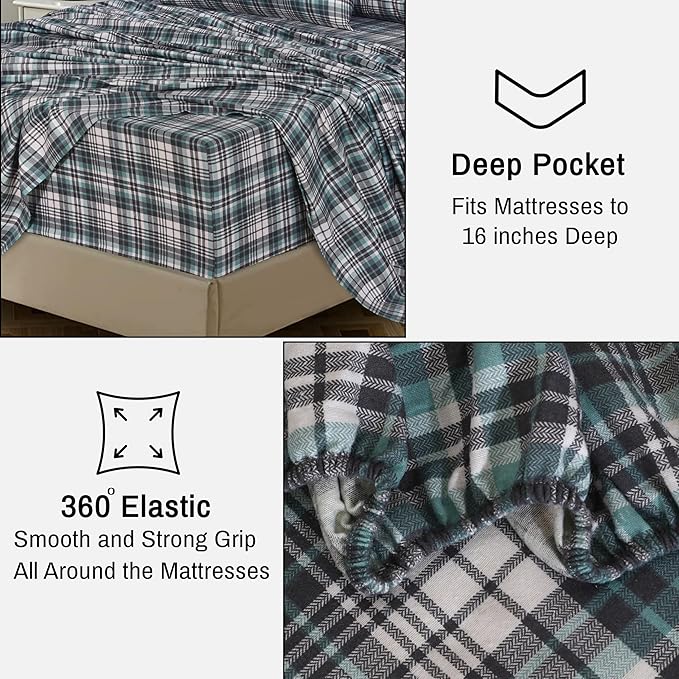 RUVANTI Flannel Sheets King Size - 100% Cotton Brushed King Size Sheets Set - Deep Pockets 16 Inches Bed Sheets - All Seasons Breathable & Extra Soft - Warm & Cozy, 4 Piece, Mint Grey