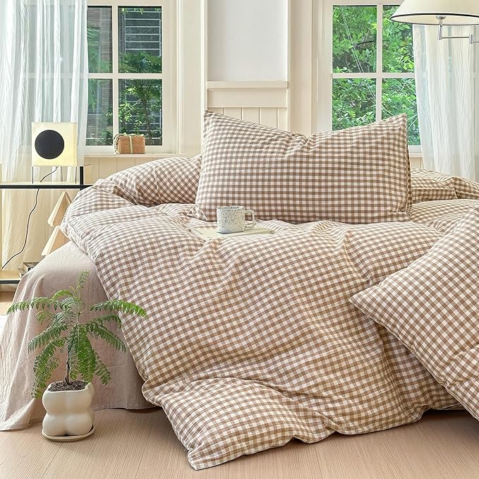 LifeTB Tan Gingham Comforter Set Twin XL Modern Style Beige Plaid Comforter Set 3 Pieces Soft Fluffy Grid Checkered Pattern Comforter with 2 Pillowcases Farmhouse Gingham Bedding Set Twin XL