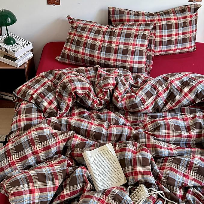 Vintage Buffalo Plaid Comforter Set King Size, 3 Pieces Red Brown Checkered Grid Comforter with 2 Pillowcases, Soft Fluffy Breathable Plaid Printed Gingham Bedding Comforter Set for All Seasons