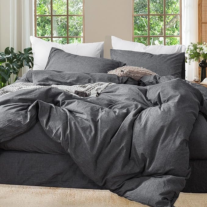 MooMee Bedding Duvet Cover Set 100% Washed Cotton Linen Like Textured Breathable Durable Soft Comfy (Heathered Dark Grey, Super Queen 90"x98")