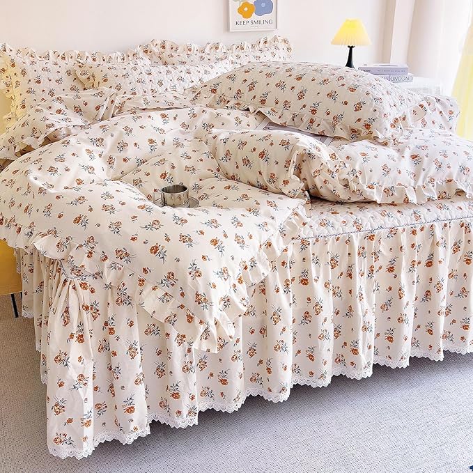EAVD French Garden Cute Floral Duvet Cover with Ruffles Soft Cotton Chic Romantic Floral Bedding Set with 2 Pillowcases Fresh Botanical Duvet Cover with Zipper Closure