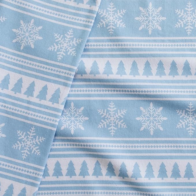 Market & Place 100% Cotton Queen Flannel Sheet Set | 4 Piece Deep Pocket Novelty Cozy Winter Bed Sheets | Double Brushed for Extra Softness & Comfort | Alpine Collection (Queen, Striped Snowflake)