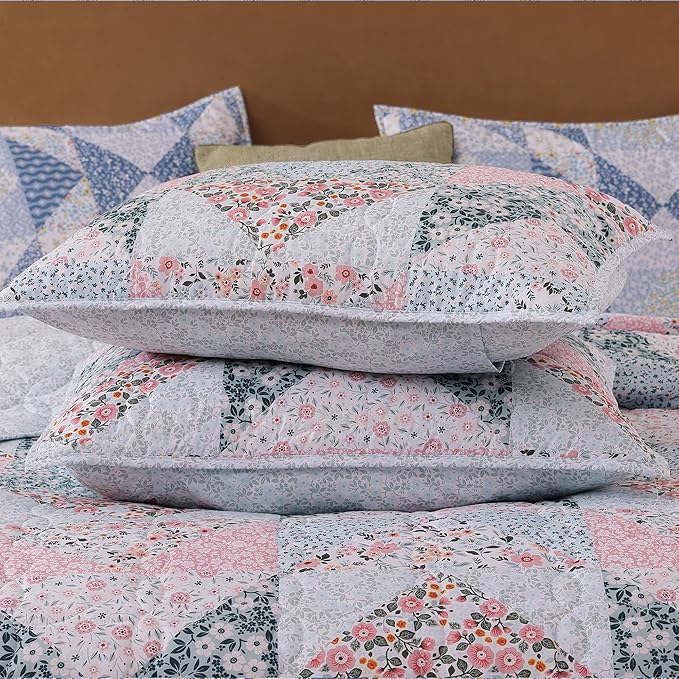 Quilt Set Twin Size, Patchwork Pink Floral Quilt Sets, Reversible Bedspread Lightweight and Breathable for All Seasons, Soft Quilted Bedspread with 1 Pillow Sham