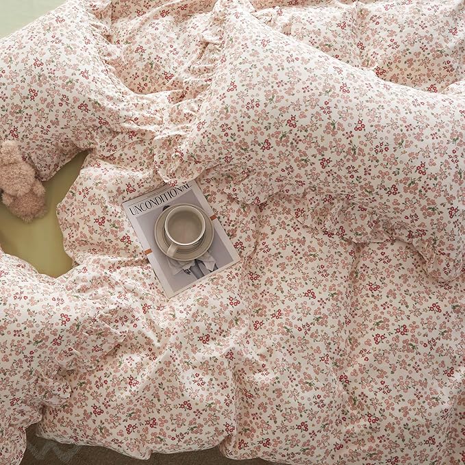 Girls Duvet Cover Pink Red Flower Duvet Cover 100% Cotton Floral Comforter Cover Vintage Boho Floral Bedding Set Queen Botanical Cottagecore Comforter Cover Queen Duvet Cover with Ruffle Pillowcases