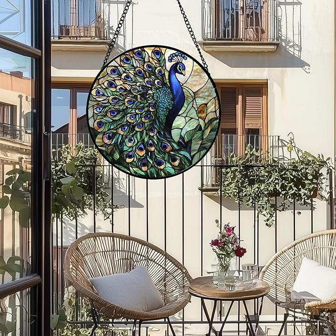 Stained Glass Window Hanging, Blue Green Peacock Decor Suncatcher for Door Garden Home Decoration Bird Sun Catchers Christmas Mother's Day Birthday Gifts for Women Men Mom Nana Friend 15 in