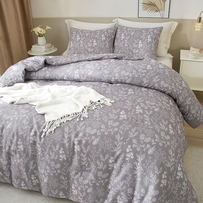 EAVD Garden Grey Floral Duvet Cover Full Soft Cotton Chic Shabby Cute Floral Bedding Set with 2 Pillowcases Fresh Reversible Vintage Botanical Duvet Cover with Zipper Closure