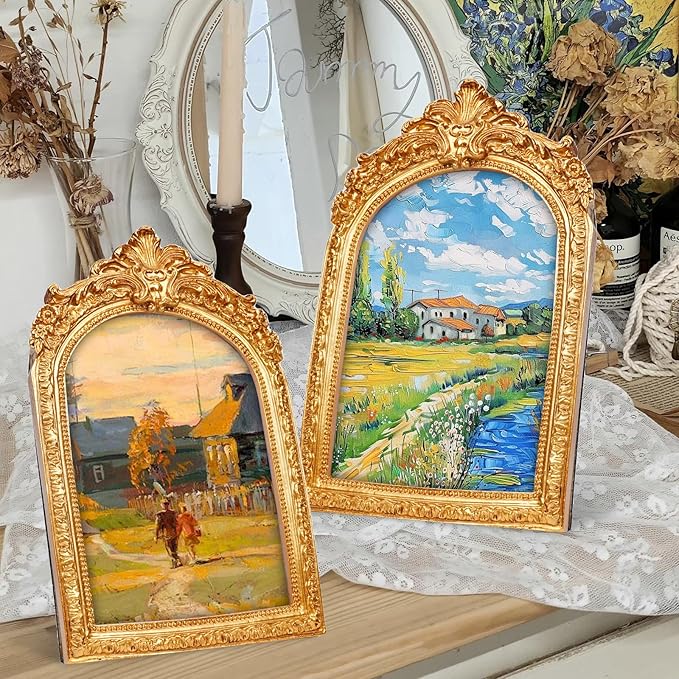 Gold Picture Frames 5x7, Arch Photo Frame Antique Ornate, Luxury Textured Hand-Crafted Picture Frame with Glass Front for Tabletop or Wall Hanging, Retro Resin Photo Frames, Photos Display Frame