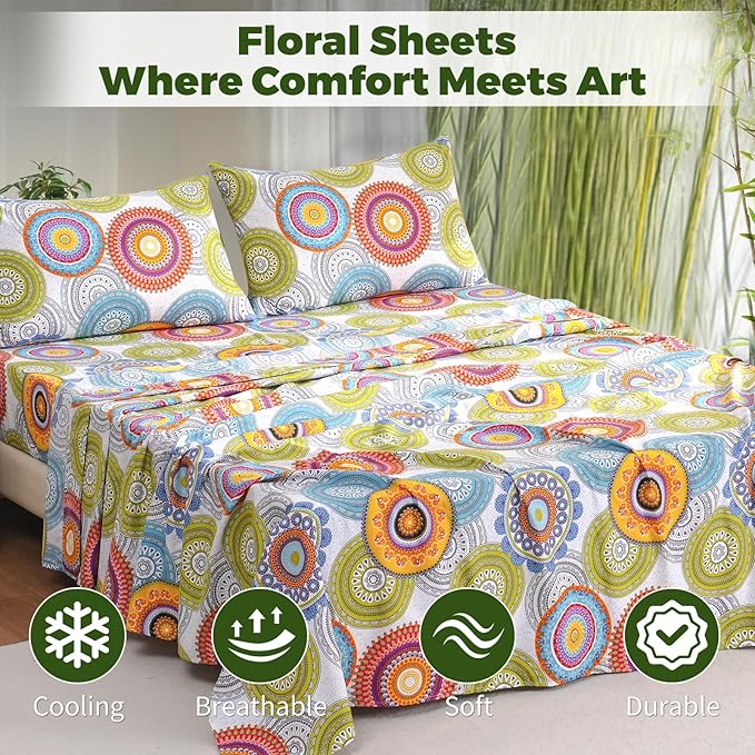 Bedlifes California King Floral 4-Piece Sheet Set - Cooling Sheets Blend Rayon Derived from Bamboo,Soft & Breathable, Deep Pocket 16", Wrinkle Resistant - Mandala Patterned