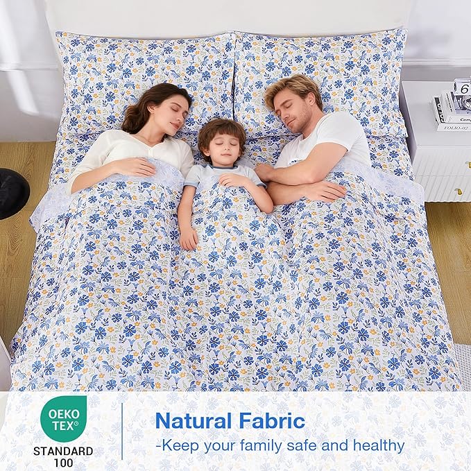 Softan Vintage Blue Floral Twin Bed Sheets, Cozy Microfiber Flower Printed Sheets with 15" Deep Pocket Fitted Sheet & Non-Slip Straps, Patterned Floral in Blue & Amber Sheets & Pillowcase Set