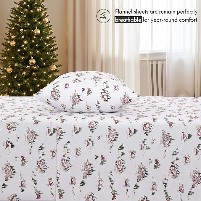 RUVANTI Flannel Sheets Twin XL Size - 100% Cotton Double Brushed Twin XL Sheet Sets, Deep Pockets 16 Inches, All Seasons Breathable & Extra Soft Bed Sheets, Warm & Cozy, 3 Piece, Hilly Huts