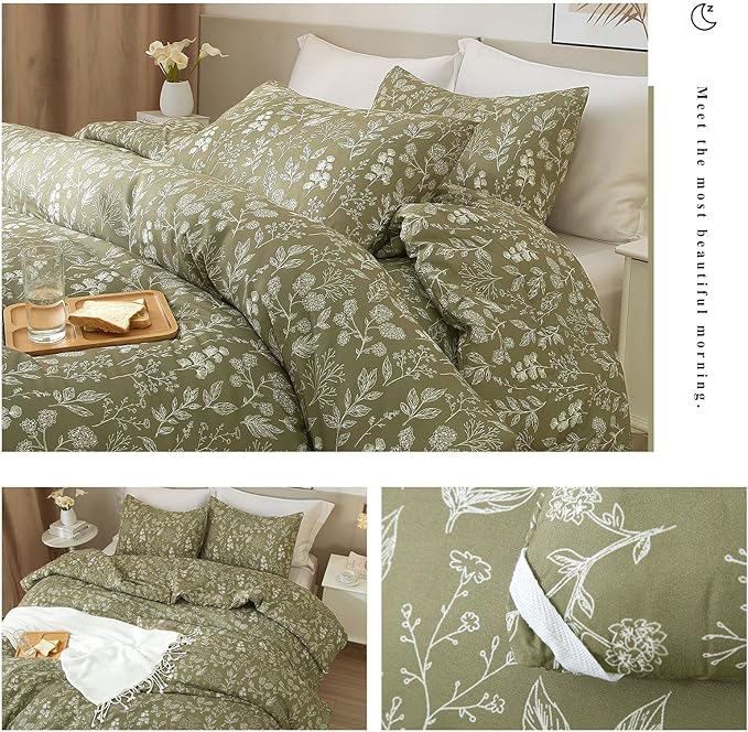 EAVD Vintage Style Garden Olive Green Floral Duvet Cover Queen Soft Cotton Chic Small Floral Bedding Set with 2 Pillowcases Reversible Fresh Botanical Duvet Cover with Zipper Closure
