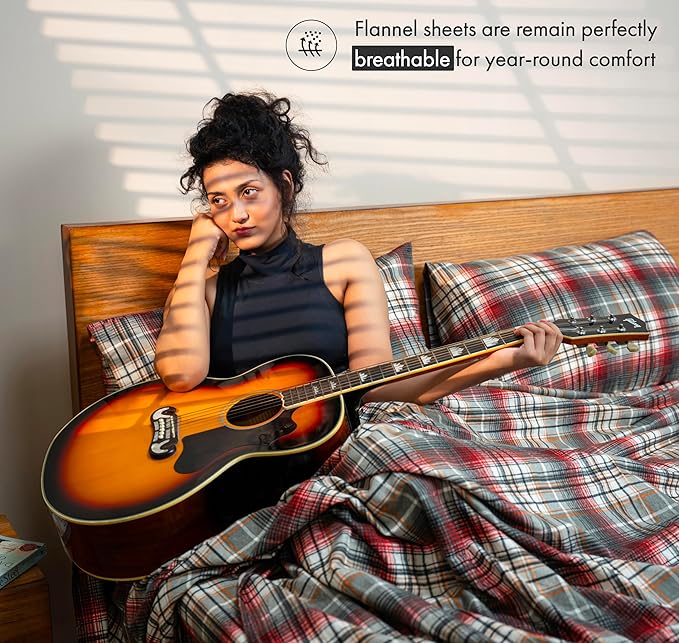 RUVANTI Flannel Sheets Full Size - 100% Cotton Double Brushed Bed Sheets Set, Deep Pockets 16 Inches, All Seasons Breathable & Extra Soft Full Sheets, Warm & Cozy, 4 Piece, Halloween Check