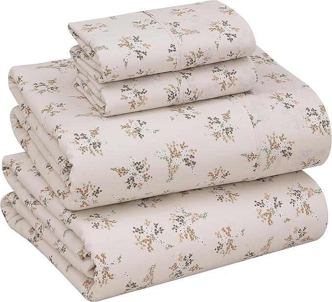 RUVANTI 100% Cotton Sheets Queen Size Set, 4 Pieces, Soft & Breathable Percale Weave Bedding, Deep Pocket 16", Hotel Standard, Crisp Cool Feeling, Durable, Perfect Floral Bed Sheet, Twin Spring