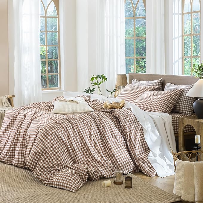 MooMee Gingham Duvet Cover Set 100% Washed Cotton Linen Like Textured Breathable Durable Soft Comfy Modern Checkered Design (Dark Orange Gingham, Queen 90"x90")