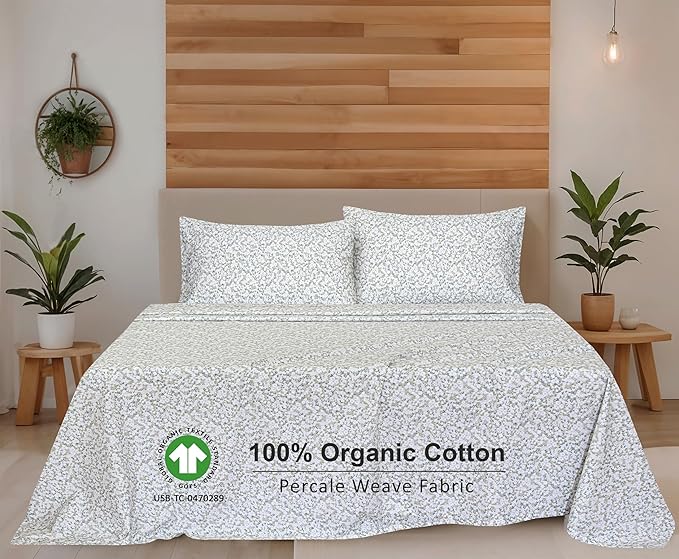 RUVANTI 100% Organic Cotton Sheets Twin XL, Percale Weave, GOTS Certified, 3-Piece Set, Deep Pocket 15", Crisp & Breathable, Soft Durable Bedding, Sábanas Algodón Orgánico – Floral Rush