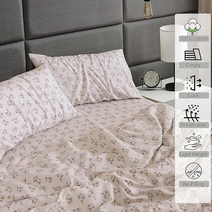 RUVANTI 100% Cotton California King Sheet Sets, 4 Pieces, Soft & Breathable Percale Weave Bedding, Deep Pocket 14", Hotel Standard, Crisp Cool Feel & Durable, Perfect Floral Sheets, Twin Spring