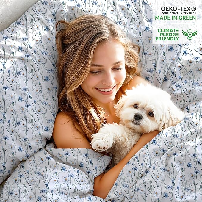 RUVANTI 100% Organic Cotton Sheets Full Size, Percale Weave, GOTS Certified, 4-Piece Set, Deep Pocket 15", Crisp & Breathable, Soft Durable Bedding, Sábanas Algodón Orgánico – Daisy Bud