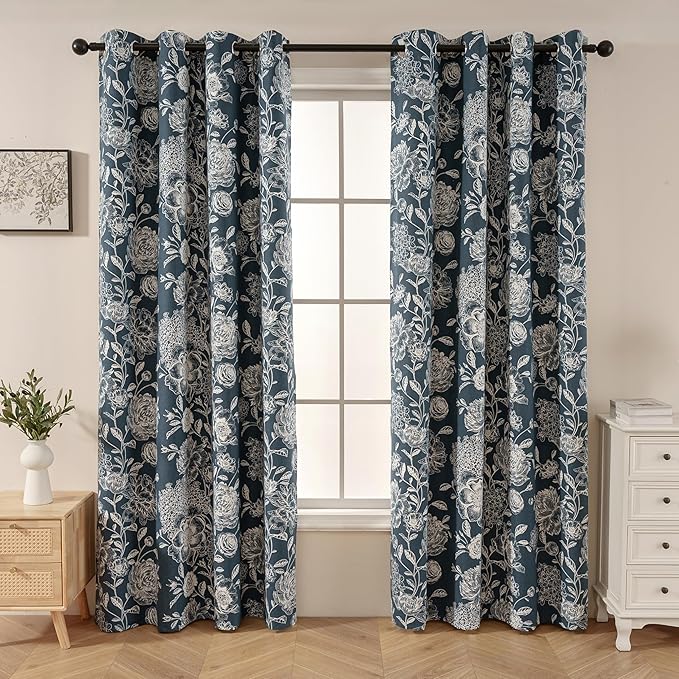 Cortina para Sala Blue Peony Blackout Curtains - Extra Long Floral Curtains, Vintage Blackout Curtains for Home Theater, Cotton Blend Printed Curtains, 52" W x 96" L