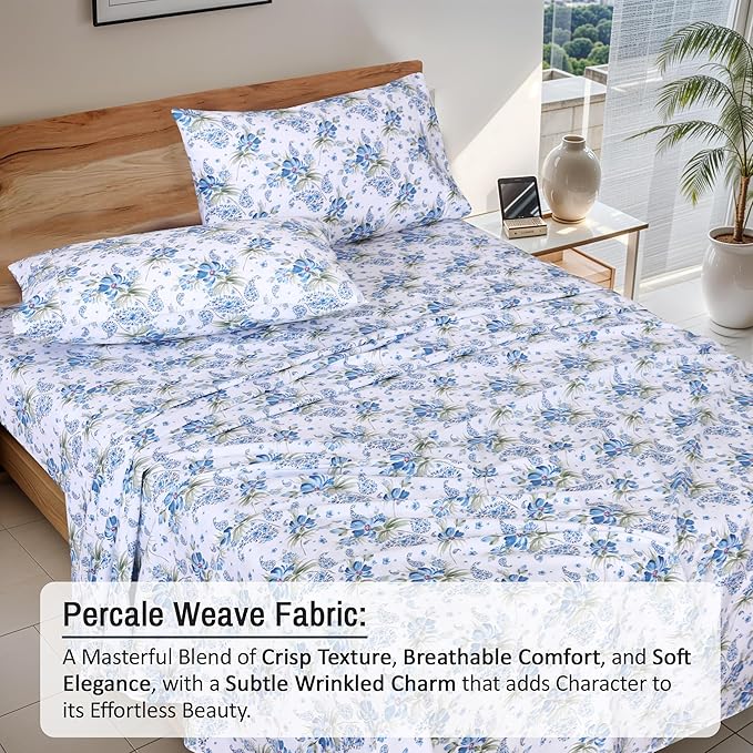 RUVANTI 100% Cotton Sheets Queen Size Set, 4 Pieces, Soft & Breathable Percale Weave Bedding, Deep Pocket 16", Hotel Standard, Crisp Cool Feeling, Durable, Perfect Floral Bed Sheet, Paislyona