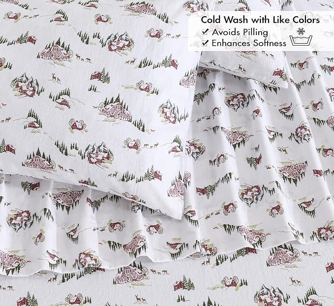 RUVANTI Flannel Sheets Queen Size - 100% Cotton Double Brushed Bed Sheets, Deep Pockets 16 Inches Queen Sheet Set, All Seasons Breathable & Extra Soft - Warm & Cozy, 4 Piece, Hilly Huts