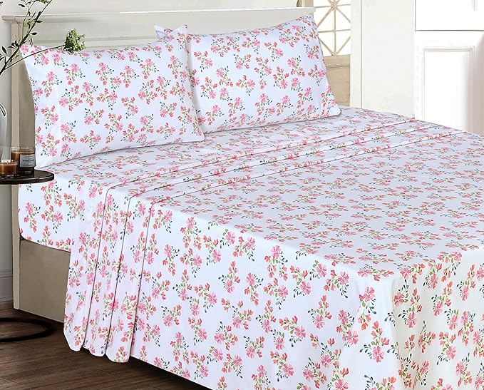 RUVANTI 100% Cotton California King Sheet Sets, 4 Pieces, Soft & Breathable Percale Weave Bedding, Deep Pocket 14", Hotel Standard, Crisp Cool Feel & Durable, Perfect Floral Sheets, Bloomex
