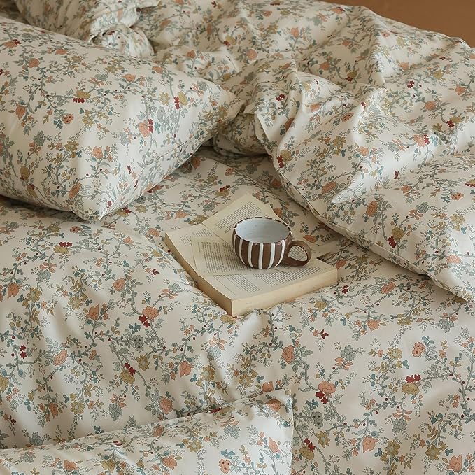 LifeTB Vintage Garden Floral Duvet Cover Queen 3 Pieces Soft Cotton Girls Cottagecore Bedding Set Botanical Flower Comforter Cover with Zipper Closure Floral Branches Vintage Country Bedding