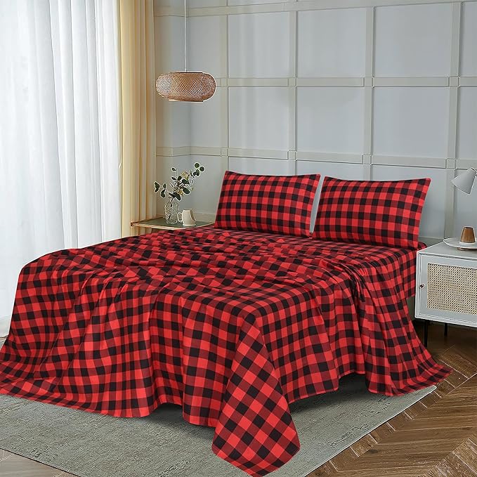 RUVANTI Flannel Sheets King Size - 100% Cotton Brushed King Size Sheets Set - Deep Pockets 16 Inches Bed Sheets - All Seasons Breathable & Extra Soft - Warm & Cozy, 4 Piece, Red & Black Plaid