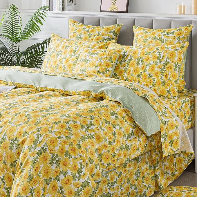 FADFAY Sunflower Duvet Cover Set Queen Vintage Yellow Daisy Floral Bedding Shabby Botanical Comforter Cover Set 100% Percale Cotton Ultra Soft Quilt Cover with Hidden Zipper Closure 3Pcs, Queen Size