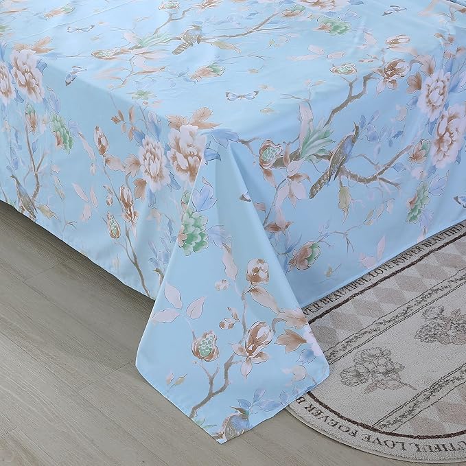 RYNGHIPY Egyptian Cotton Bed Sheet Set Blue Bird Botanical Pattern Bed Sheets Deep Pocket Fitted Sheet Tree Branches Print Bedding Soft Breathable (Light Blue,Queen Size)