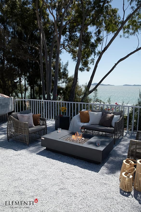 Elementi+ | Monte Carlo Gas Fire Pit Cast Concrete 60" Rectangular Fire Table, Outdoor Fire Pit Electronic Ignition | Canvas Cover, Fire Glass and Burner Lid Included | Light Gray | Propane Gas