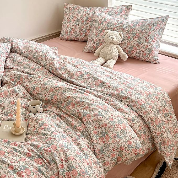 LIFETB Pink Floral Comforter Set Full Cute Girl Floral Bedding Comforter Set for Full Size Bed Chic Garden Style Flower Comforter with 2 Pillowcases Vintage Botanical Bedding Comforter Set All Season