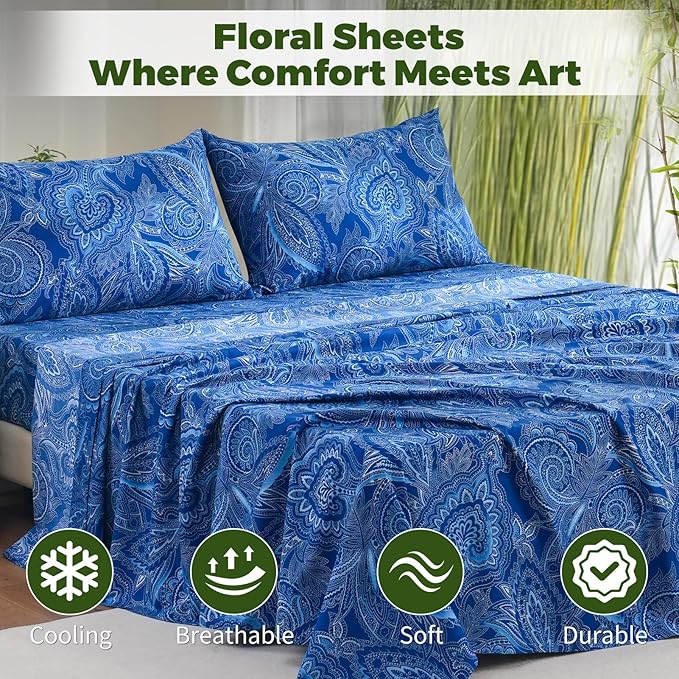 Bedlifes California King Floral 4-Piece Sheet Set - Cooling Sheets Blend Rayon Derived from Bamboo,Soft & Breathable, Deep Pocket 16", Wrinkle Resistant - Paisley Dark Navy Blue