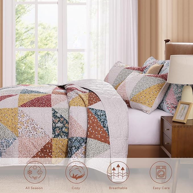 Quilt Set King Size, Patchwork Burnt Orange Floral Quilt Sets, Reversible Bedspread Lightweight and Breathable for All Seasons, Soft Quilted Bedspread with 2 Pillow Shams