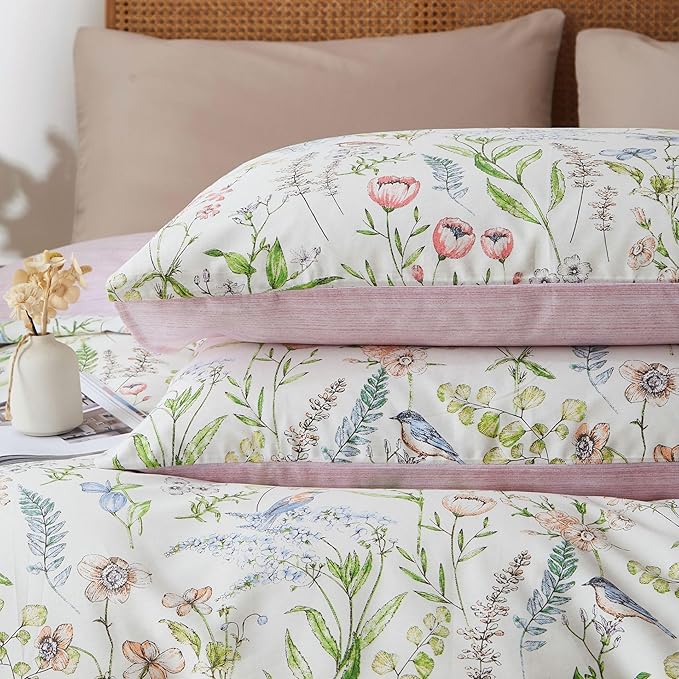 EAVD Vintage Style Botanical Floral Duvet Cover King Soft Cotton Chic Cute Bird Floral Print Bedding Set with 2 Pillowcases Vibrant Garden Botanical Comforter Cover with Zipper Closure