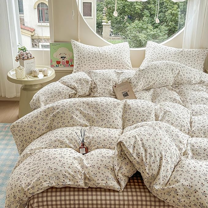 EAVD Garden Style Small Floral Duvet Cover King Size Soft 100% Cotton Muslin Bedding Set with Floral Print Fresh Cottagecore Botanical Pattern Duvet Cover with Zipper Closure