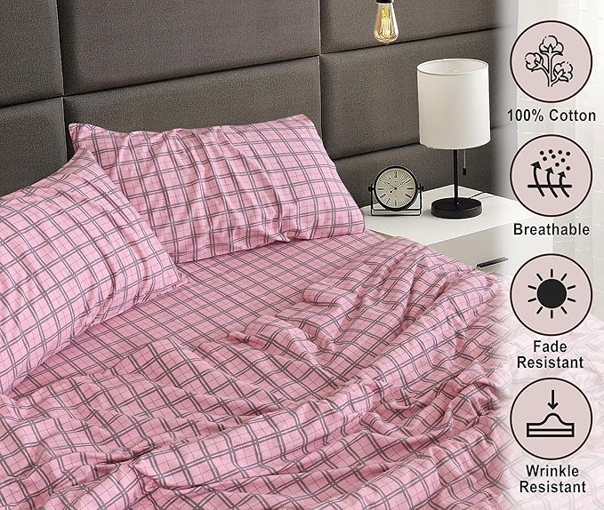 RUVANTI Flannel Sheets California King Size - 100% Cotton Brushed Cal King Bed Sheets Set - Deep Pockets 14 Inches - All Seasons Breathable & Extra Soft - Warm & Cozy, 4 Piece, Check & Bolt Pink