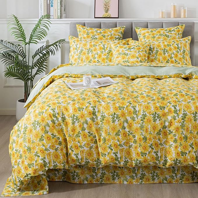 FADFAY Sunflower Duvet Cover Set Queen Vintage Yellow Daisy Floral Bedding Shabby Botanical Comforter Cover Set 100% Percale Cotton Ultra Soft Quilt Cover with Hidden Zipper Closure 3Pcs, Queen Size